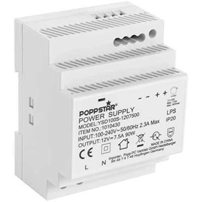Afbeelding van Poppstar Adapter voor DIN Rail Output 12V DC 7,5 A 90W (Input 100 240V AC 50/60 Hz) Voeding/Trafo 70 * 90 58mm, Wit