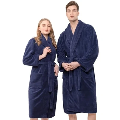 Afbeelding van Hammetex Badjas, uniseks, voor dames en heren, ultrazachte kwaliteit, wollig, behaaglijk, pluche, lange lichte ochtendjas paren met zakken, marineblauw, S M