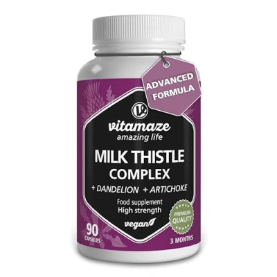 Afbeelding van Mariadistelcomplex met artisjok en paardenbloem in hoge dosering, 90 veganistische capsules voor 3 maanden, 250 mg extract 80% silymarine, natuurlijk voedingssupplement zonder toevoegingen