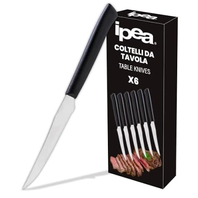 Afbeelding van IPEA Tafelmes voor vlees en vlees, ronde punt, 6 stuks, scherp mes met roestvrijstalen lemmet het snijden van levensmiddelen lunch diner, huis keuken
