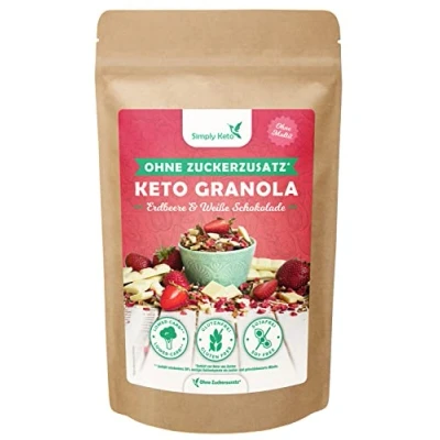 Afbeelding van Simply Keto Lower Carb* aardbeienknusper Granola met witte chocolade zonder toegevoegde suiker, muesli alternatief voor een perfect ontbijt, glutenvrij, sojavrij en koolhydraatarm* 250 g
