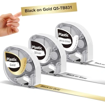 Afbeelding van 3 Pack Phomemo P12 label tape, 12 mm x 4 m, Zwart op Glitter/Goud/Zilver, compatibel met &amp; Dymo LetraTag LT labelmaker, gelamineerd voor binnen en buiten gebruik