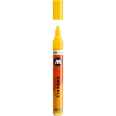 Afbeelding van Molotow ONE4ALL 4mm Acryl Marker Geel Geschikt voor vele oppervlaktes zoals canvas, hout, steen, keramiek, plastic, glas, papier, leer...