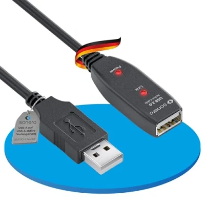Afbeelding van sonero® USB 2.0 kabel, actieve verlengkabel met signaalversterker, datakabel, A stekker op aansluiting, 480 Mbit/s, 5,00 m, zwart