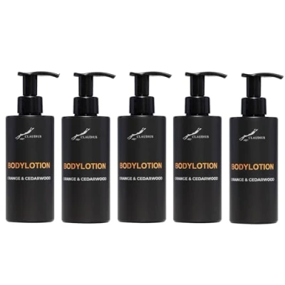 Afbeelding van Bodylotion Sweet Orange &amp; Cedarwood 300 ml met pomp zwarte fles set van 5 stuks Voordeelverpakking