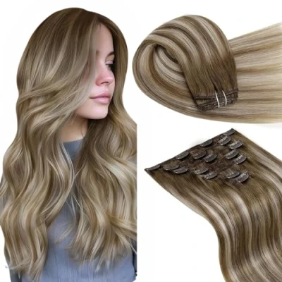 Afbeelding van LaaVoo Clip in Hair Extensions Human 7pcs 120g 16Inch Balayage Lichtbruin Met Platina Blond aan Haarextensies Remy Naadloze Dubbele Weft #8/60/8