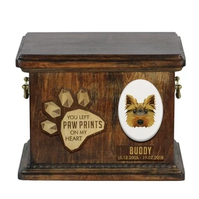 Afbeelding van Art Dog Aangepaste geometrische hondenherdenkingsurn Handgemaakte houten urn Op maat gemaakte hondencrematiedoos voor as 8,3x11,4x8,7 Yorkshireterriër