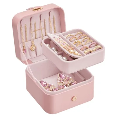 Afbeelding van SONGMICS Reissieradendoos, Kleine Sieradendoos, 2 laags Sieradenopberger, Draagbare Sieradenreisdoos, voor Grotere Accessoires, 11,2 x 11,8 7,2 cm, Cadeau idee, Pastelroze JBC185R02