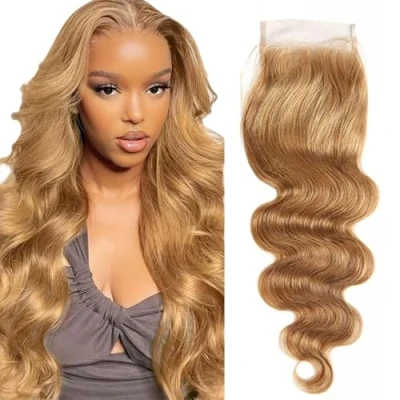 Afbeelding van Tuheerst Brazilian Hair Closure Blonde Human 4x4 Lace Body Wave #27 Blond with Natural Hairline Color Virgin Remy 18 Inches