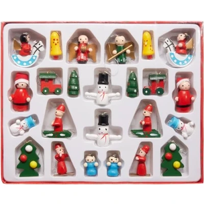 Afbeelding van BRUBAKER 24 Stuks Houten Kerstboomdecoraties tot 4 cm Hoge Figuren Kerstmis Hangerset Handbeschilderd Traditionele Boomhangers Dennenbomen Kerstman Engelen