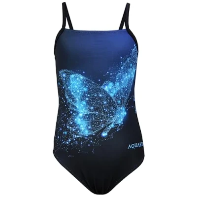 Afbeelding van Aquarti Meisjes Badpak met Spaghettibandjes en Strepen, Vlinder Blauw/Zwart, 122