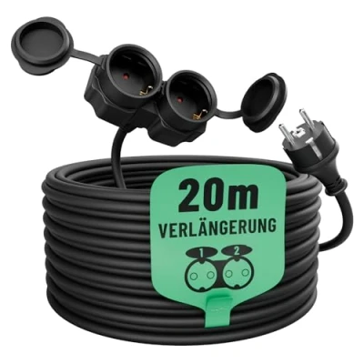 Afbeelding van greate 2 voudige verlengkabel voor buiten, 20 meter, waterdicht IP44, meervoudige stekkerverlenging, m, 3500 W, outdoor verlengkabel,