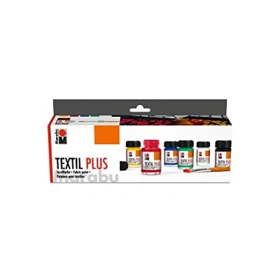 Afbeelding van Marabu 171500000087 Textiel plus starterset, volledig dekkende stofverf voor donkere stoffen, op waterbasis, wasbaar tot 40 C, stofschilderen en stofdruk, 6 x 15 ml verf penseel