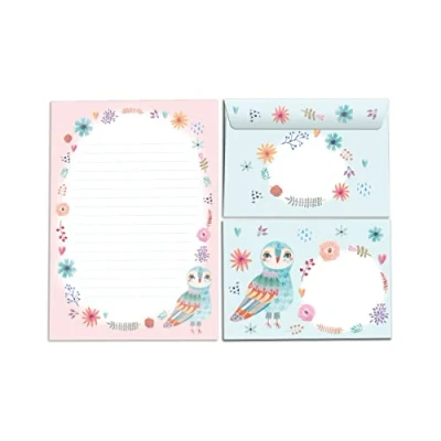 Afbeelding van Briefblok met envelop voor kinderen, uil, briefpapierset meisjes (blok A5 25 vellen + 15 enveloppen)
