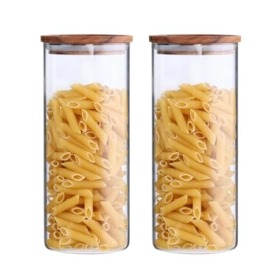 Afbeelding van Glazen pot met houten deksel, luchtdicht borosilicaatglas, voorraadpotten, keukenvoorraaddoos, bewaarpot voor spaghetti, muesli, meel, koffiethee, bewaardoos, 1150 ml, 2 stuks