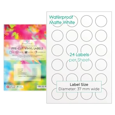 Afbeelding van Evergreen Goods™ A4 ronde voorgesneden stickeretiketten waterdicht mat wit 37 mm (24 etiketten per vel, 240 in totaal) 10 vellen Inkjet laser afdrukbare zelfklevende cirkelvormige