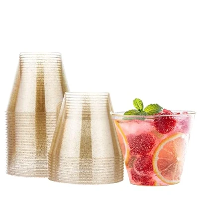 Afbeelding van MATANA 30 Harde Plastic Bekers met Gouden Glitter, 255ml / 9oz Herbruikbaar Cocktailglazen voor Verjaardagen, Bruiloften, Doopfeesten, Kerstmis Elegant en Stevig