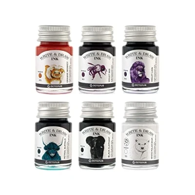 Afbeelding van Octopus Write and Draw Ink Set BASIC MIX, watervaste inkt voor schrijven en tekenen, kalligrafie inkt, lichtechte tekeninkt vulpen, glaspen, penseel, 6 x 10 ml
