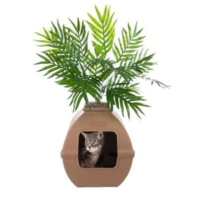 Afbeelding van Good Pet Stuff, The Courtyard Verborgen kattenbak, kunstplanten en gesloten vierkante kattenplantenbak, geventileerd geurfilter, gemakkelijk schoon te maken, mokkabruin
