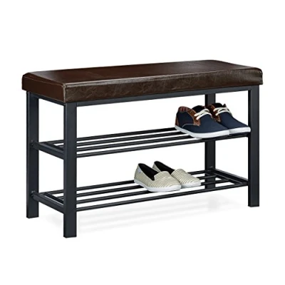 Afbeelding van Relaxdas schoenenbank met zitkussen, open, voor 6 8 paar schoenen, schoenenrek metaal, kunstleer, HBD 49x81x31cm, bruin