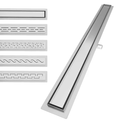 Afbeelding van Aquamarin® douchegoot 130 cm, complete set, met sifon, haken, stelvoetjes, gemaakt van roestvrij staal, geborsteld, betegelbaar, vlak Lineaire doucheafvoer, vloerafvoer, afvoergoot, doucheafvoer