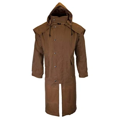 Afbeelding van Walker &amp; Hawkes Unisex gewaxte lange Cape Stockman jas met capuchon, Beige, XL