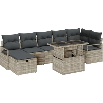 Afbeelding van vidaXL 8 delige Tuin Sofa Set met Kussens Lichtgrijs Poly Rattan, 2 zits Grijs Rattan
