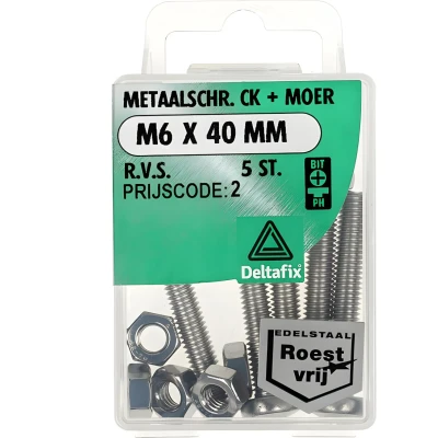 Afbeelding van Deltafix Metaalschroef R.V.S. CK + Moer M6 x 40 mm 5 stuks