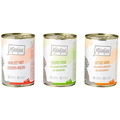 Afbeelding van MjAMjAM premium natvoer voor katten gemengd pakket I kip, rund, hartjes, pak van 6 (6 x 400 g), graanvrij met extra vlees