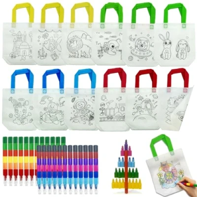 Afbeelding van ICEPAPA, 12 stuks stoffen zakjes om te beschilderen voor kinderen en 24 stapelbare waskrijtjes (12 kleuren in 1)), perfect cadeautjes kinderverjaardag knutselset
