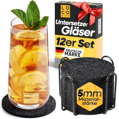 Afbeelding van Loco Bird Vilt onderzetters rond voor glazen set van 12 Incl. doosje Design in donkergrijs dranken, bekers, bar, glas Tafelonderzetters