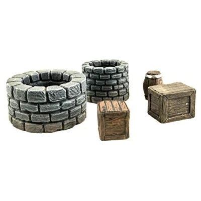 Afbeelding van War World Gaming Fantasy Village Set of Wells, Crates &amp; Barrels 28mm Heroic Scale Wargaming Terrain Model Diorama Scenery Wargame Tabletop Medieval Battle Battleboard