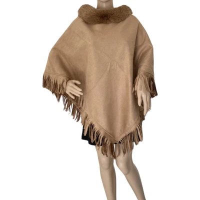 Afbeelding van Dames warme Poncho driehoekig Suede look met Imitatiebont 40798 Onesize Camel