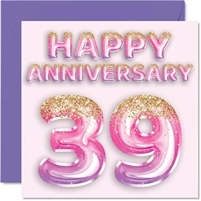 Afbeelding van Mooie 39e verjaardag kaart voor vrouw vriendin man vriend roze paarse glitter ballonnen gelukkige 39 kaarten van familie, 145mm x wenskaarten negenendertig jubilea