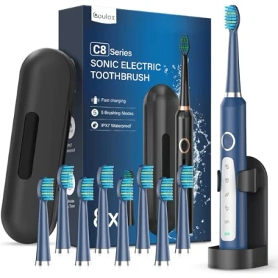 Afbeelding van elektrische ultrasone tandenborstels voor volwassenen, met 8 borstelkoppen, 5 modi, tandenborstel etui, IPX7, gezinnen, reizen, marineblauw