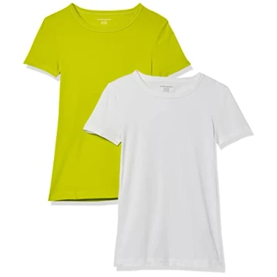 Afbeelding van Amazon Essentials Women&#039;s T shirt met korte mouwen en ronde hals in slanke pasvorm, Pack of 2, Limoengroen/Wit, XS