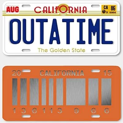 Afbeelding van Set van 2 metalen kentekenplaatreplica&#039;s de Delorean TIME MACHINE auto uit film Back to the Future OUTATIME (PF02)