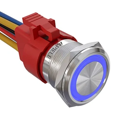 Afbeelding van APIELE 22 mm vergrendeling drukschakelaar 12 V DC 10 A, roestvrij staal met LED waterdichte drukknop schakelaar voorbedrade stekker, auto RV vrachtwagen boot aan/uit knop (blauw)