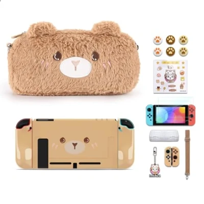 Afbeelding van innoAura Draagtas voor NS Switch, 15 in 1 Switch accessoires, bundel met schattige pluche tas, displaybeschermfolie, Game Case, opslag en duimkappen (bruine beer)