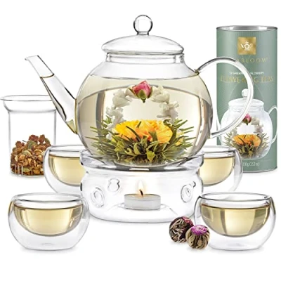 Afbeelding van Teabloom Complete theeservies glazen theepot (1,2 l), losse theeglas infuser, 4 geïsoleerde theekopjes, theekopje en 12 bloeiende theesoorten elegante cadeauset met thee