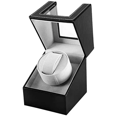 Afbeelding van DRAIGERWAY automatische horlogeopwinder, box, enkele PU leer, horlogebehuizing met stille motor, werkt op batterijen of voeding voor horloges, Zwart 125b dgw