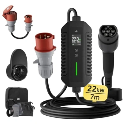 Afbeelding van EV oplader Type 2 CEE 22kW [Driefasig 7m 6 32A] dé Elektrische Autolader, met Digitale LCD Bediening Compatibel model Y/3, 500e, e 208 en andere EV/PHEV