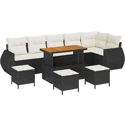 Afbeelding van vidaXL 9 delige tuinset met kussens Zwart Poly Rattan en Acacia