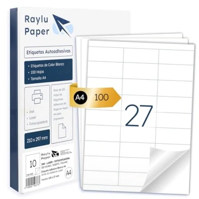 Afbeelding van Raylu Paper ® zelfklevende witte etiketten om af te drukken, papieren stickers op A4 vellen voor inkjetprinters, laser en fotokopieerapparaat, 27 per vel (70 x 32 mm)