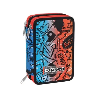Afbeelding van SEVEN Pennenetui met 3 vakken, blauw oranje, drievoudig vak, compleet potloden, viltstiften, kleuren, accessoires, rugzak, basisschool, medium, bovenaan, Meerkleurig., Levendig en kleurrijk