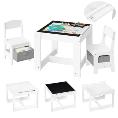 Afbeelding van Lestarain Kindertafel met 2 stoelen, 3 delige kinderzitgroep, kindertafelset opbergruimte, schildertafel tafelblad tafel en papierrol, kinderkamer, speelkamer, kleuterschool, wit
