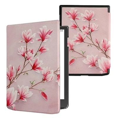 Afbeelding van kwmobile E reader hoesje geschikt voor Pocketbook InkPad 4 hoes flip case met magnetische sluiting Ereader cover Magnolia design in poederroze / wit oudroze