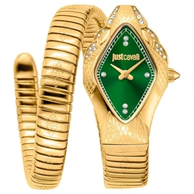 Afbeelding van JUST CAVALLI Vrouwen Horloge, Gouden Kleur Geval, Donkergroene Wijzerplaat, Metalen Armband, 2 Handen, 3 ATM,