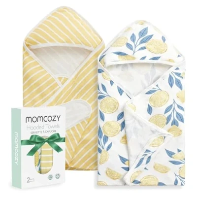 Afbeelding van momcozy Babybadhanddoek, set van 2 stuks, babybadhanddoek met capuchon en katoenen badstof, groot 90 x cm, badhanddoekset voor jongens/meisjes pasgeborenen tot peuters, citroenbladeren