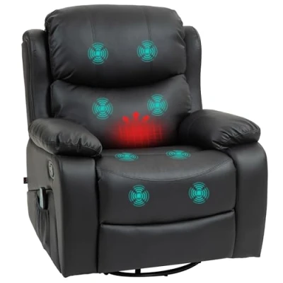 Afbeelding van HOMCOM Relaxstoel met massagefunctie, elektrische televisiestoel ligfunctie, verwarmingsfunctie, draaibare massagestoel veersysteem, afstandsbediening en zijzak, zwart